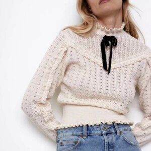 Zara Knit Coquette Bow Tie Pointelle Long Sleeve Sweater Top Ecru Cream M